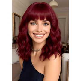 Red Wigs for Women Wavy Bob Wig with Bangs Short Curly Synthetic Hair Wigs Natural Looking Daily Hair Replacement Wigs for Cosplay Costume Party Use