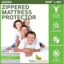 Zippered Queen Mattress Protector (8"-11" Depth) - Bed Bug Waterproof Mattress Cover, Premium Quality Hypoallergenic Encasement White