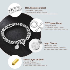 KRKC&CO Men’s Bracelets, OT Toggle Clasp Cuban Bracelet Stainless Steel 8mm, Anti-Tarnish Nickel-Free, Streetwear Urban Chunky Bold Gold Wrist Chain for Man Youth, Double Ring-7.5in
