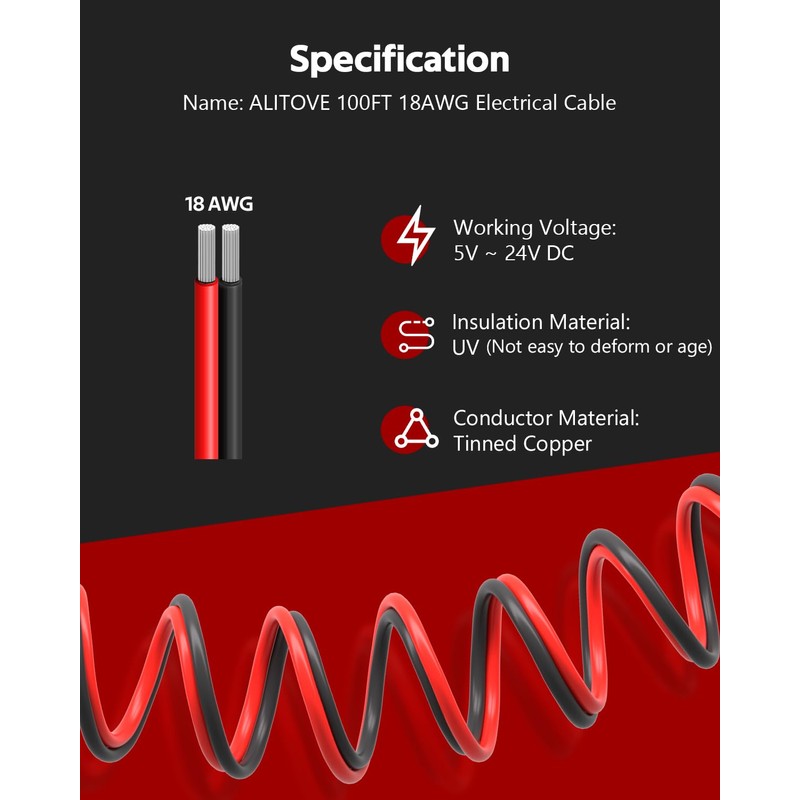 ALITOVE 18 Gauge 98.4FT 18/2 Flexible Red and Black Wire,