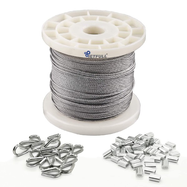 IETFULL 1/16 Wire Rope, 1/16 in. x328 ft. Aircraft Cable, 304 Stainless Steel Cable, 7x7 368 lbs Breaking Strength Steel Wire with 50pcs Thimbles and 50pcs Crimping Sleeves, Clothesline Trellis Wires