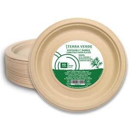 Terra Verde Disposable Bamboo Fibre Paper Plates l 7 inch (18 cm) Round 50 Pack l Large Unbleached Natural Brown l Compostable Eco Friendly Extra Strong Plate for Parties, BBQ, Picnic, Events