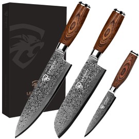 LEVINCHY Damascus Kitchen Knife Set 3 Pieces, Chef Knife/Santoku/Steak, Handmade Damascus Stainless Steel Kitchen Knife, Ergonomic PAKKA Wood Handle