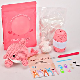 VIVIDOX Dolphin Crochet Kit for Beginners Adults Kids with Easy Yarn 4.3in Tall Animal Crocheting Starter Set with Step-by-Step Video Tutorial, Learn to DIY Cute Knitting Kit with Complete Tools(Pink)