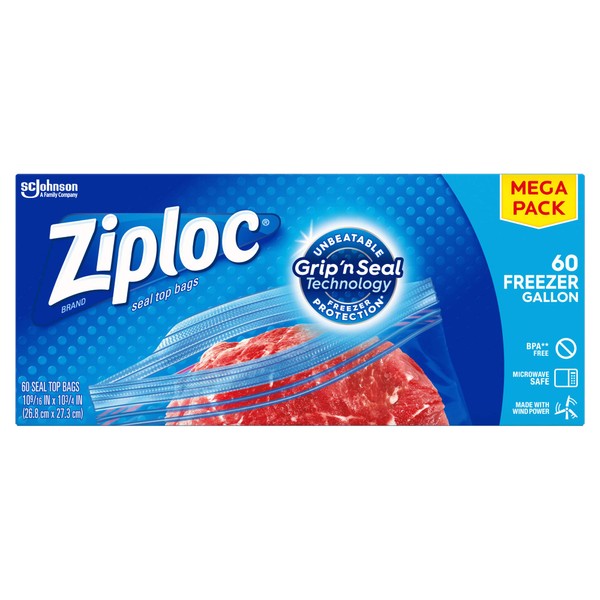 Ziploc Freezer Bags with New Grip 'n Seal Technology, Easy Open Tabs, Gallon, 60 Count