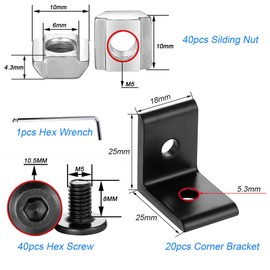 10pcs 2 Hole 2020 Series 90 Degree Inside Corner Bracket Set, Black L Corner Bracket, 20pcs T-Slot Nuts and Hex Screw Bolt and 1pcs Wrench for 6mm Slot Aluminum Profile Accessories(Black)