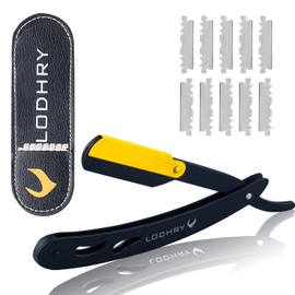 Lodhry Maquinilla de afeitar profesional de borde recto para hombres + cuchillas individuales, afeitadora manual para hombre, calidad de salón, corte de garganta, navajas para Barbero negro mate, 11 piezas (clip chapado en oro)