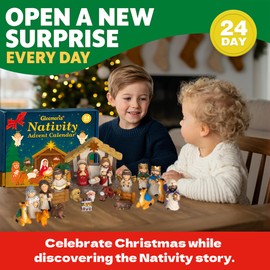 Nativity Advent Calendar 2025 Kids - 24 Days Light-Up Nativity Scene Set with Resin Figures，Toddler Advent Calendar 2025 Girls and Boys，Christmas Countdown Calendar Gifts for Children