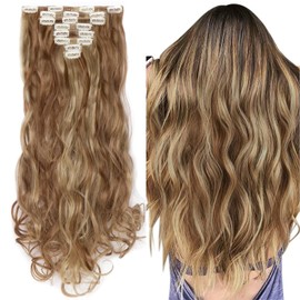 Silk-co Hairpiece Extensions Clip in Hair Extension Long Curly Wavy 8 Pcs Full Head 18 Clips Synthetic Heat Resistant [24 inch Light Brown&Blond]