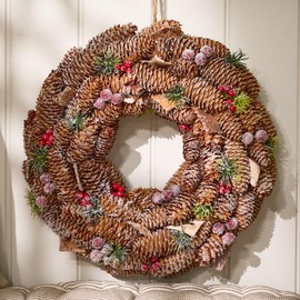 38cm Natural Frosted Pine Cone Hanging Christmas Wreath Door Decoration Winter Home Décor Garland