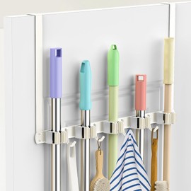Broom Holder Over The Door Drilling Free Mop and Broom Holder with 4 Over Door Hook, Metal Mop and broom hanger Wall Mount Broom Storage Tool Organizer for Laundry Room Garage Bathroom - white