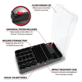 Performance Tool W3001 104 Slot Battery Organizer with Removable Tester - Keep Your Batteries Neatly Stored and Corrosion-Free