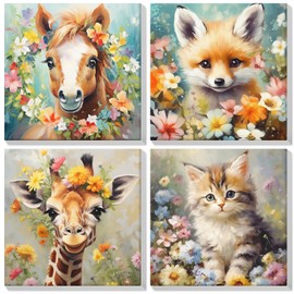 BOWETILE 4 Pack Animals Paint by Numbers Adult Kit Beginner, Adult Paint by Number Horse Kits on Canvas with Frame, Cat Peinture a Numero Adulte, DIY Acrylic Oil Painting Adult Craft Kits, 8x8in