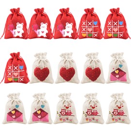 TUPARKA 15 Pcs Heart Love Shaped Drawstring Gift Bags for Valentine's Day Party Favors, Valentine's Day Cotton Favor Pouches for Goodies, Sachets, and Jewelry, 5 Designs