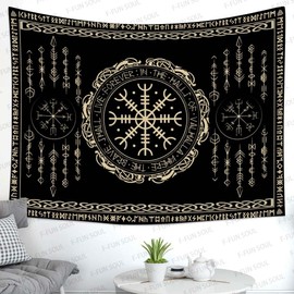 Nordic Vikings Tapestry, Large 80x60inches Soft Flannel, Vegvsir Symbol Amulet Celtic Rune Scandinavian Aesthetic Mythology Tapestry Wall Hanging for Bedroom Living Room Decor GTZYFS1624