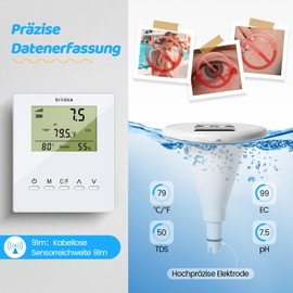 briidea Wireless Digital Swimming Pool Water Tester with Two Displays & High Precision Electrode for Measuring Temperature, pH, EC, TDS for All Pools, Hot Tubs and Spas, HMWC