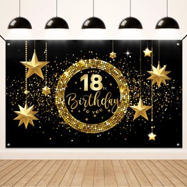 Koliphy 18th Birthday Decoration, 18th Happy Birthday Banner for Boys Girls, Black Gold Fabric 18 Birthday Banner Background Party Decoration Indoor and Outdoor
