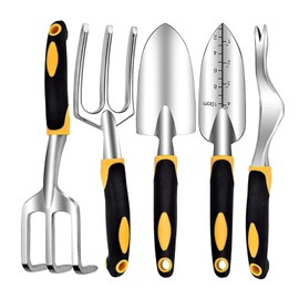 5 Piece Gardening Tool Set, Heavy Duty Aluminum Garden Hand Tools, Small Trowel, Rake, Weeder, Spade, Cultivator, Digging Planting Weeding Farming Seeding Garden Tools Kit for Women, Family, Gardeners