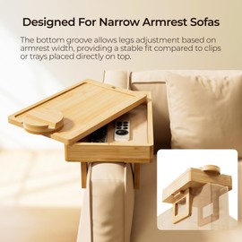Wealone Mini Couch Arm Table for Narrow Armrest, Bamboo Sofa Arm Tray with Storage Box, Rotating Tabletop and Phone Stand, Adjustable Sofa Arm Table Clip for Snacks or Dining, Armrest ≤7" Wide