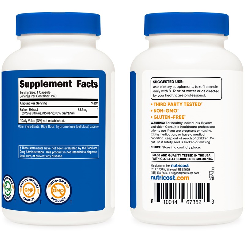Nutricost Saffron Extract 88.5mg, 240 Capsules - Veggie Caps, Non-GMO,