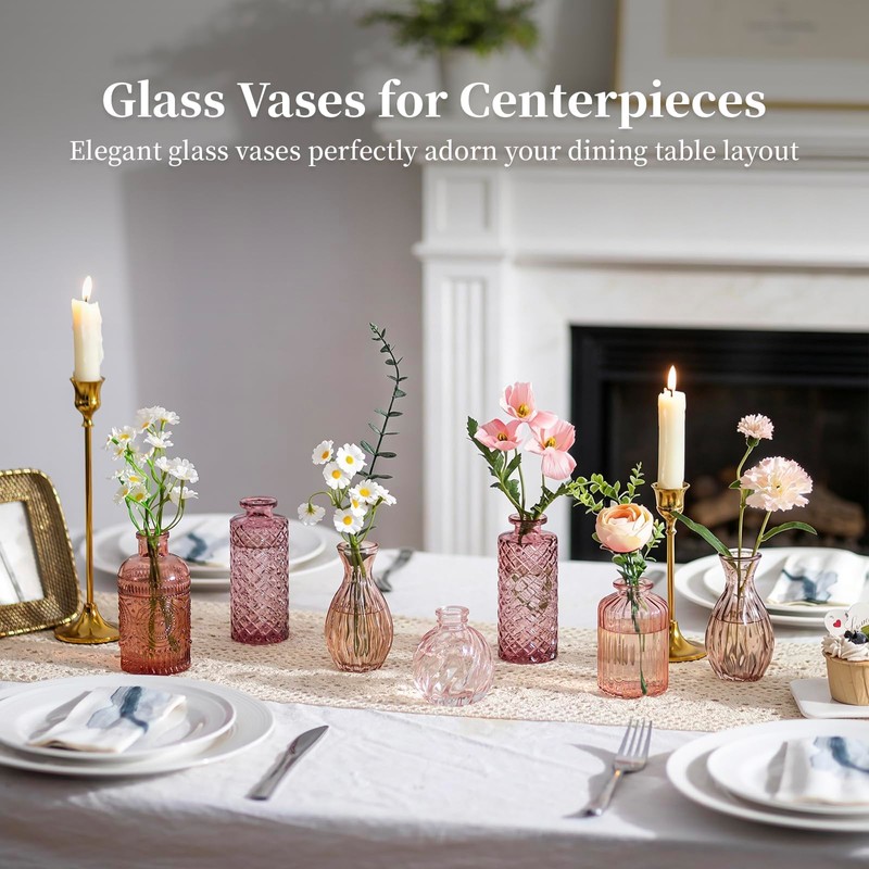 Glasseam Glass Bud Vases for Centerpieces, 10Pcs Pink Small Flower