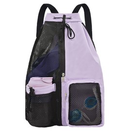 lifwimner Mesh Beach Backpack with Wet Pocket Drawstring Pool Bag Waterproof Swimming Bag Gym Backpack for Men & Women(Purple)