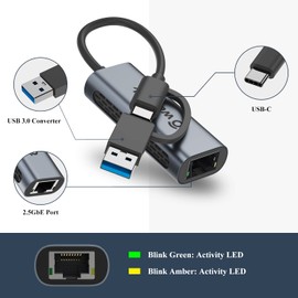 WAVLINK USB-C 2.5G Wired LAN Adapter/USB-C USB3.0 2 in 1 LAN Converter/RJ45 Gigabit Ethernet/10/100/1000/2500 Mbps/High Speed Transfer/Compact/Apply to Home Working, Online Classes or Online