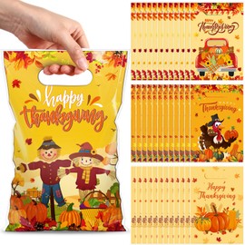 Teenyyou 120 Pcs Thanksgiving Treat Bags with Handles Thanksgiving Plastic Gift Bags Happy Thanksgiving Favor Bags Fall Leaves Pumpkin Turkey Goody Candy Bags for Thanksgiving Autumn Party Supplies