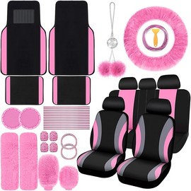 ROCEEI 47 Pcs Car Seat Cover Full Set Car Accessories for Front Rear Seat Fluffy Steering Wheel Cover Belt Automotive Floor Mats Air Conditioner Decoration Strip(Black and Pink)