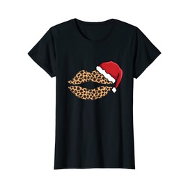 Womens Leopard Pattern Lips Santa Hat Christmas Office Party Women T-Shirt