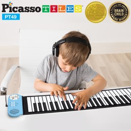 PicassoTiles PT49 Portable Kid's 49-Key Flexible Roll Up Educational Electronic Digital Music Piano Keyboard w/ Recording Feature, 8 Different Tones, 6 Educational Demo Songs & Build-in Speaker - Blue