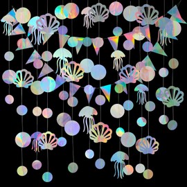 Lvjkes 3 Stück Set Papier Girlande Holographisch Phantomfarbe, Quallen und Muscheln Girlande, Dreieck Flags hängende Girlande für Party deko, Hochzeit, Geburtstagsgirlande