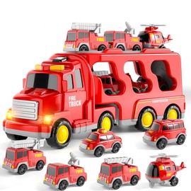 BLmukce Fire Truck Toys 7 in 1 for Toddlers 3-12 Years Old Boys Girls, Friction Power Car Carrier Transport Vehicle with Light & Sound, Kids Birthday