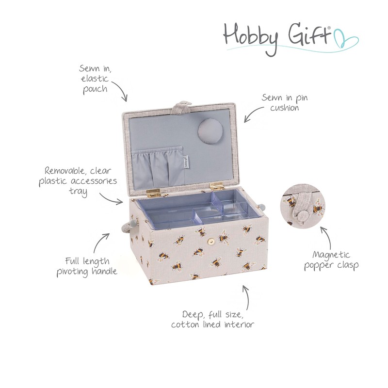Hobby Gift Sewing Box, Wood/Fabric, Embroidered Bee, Medium
