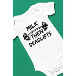 Freedomtees Milk Then Deadlifts Funny Baby Bodysuit – Barbell Design – Gym Themed Baby Gift – Cute Newborn Outfit for Fitness (White, New Born)