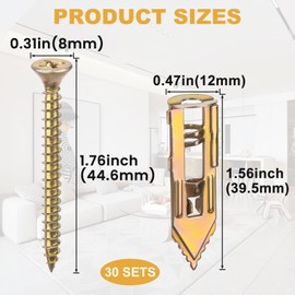 PAGOW 60 Pcs Self-Drilling Anchors & Screws, Heavy Duty, No Drill, Holes in Wall (30 Pcs Steel Anchors 0.47"x1.56" + 30 Pcs Zinc Screws 0.31"x1.76")