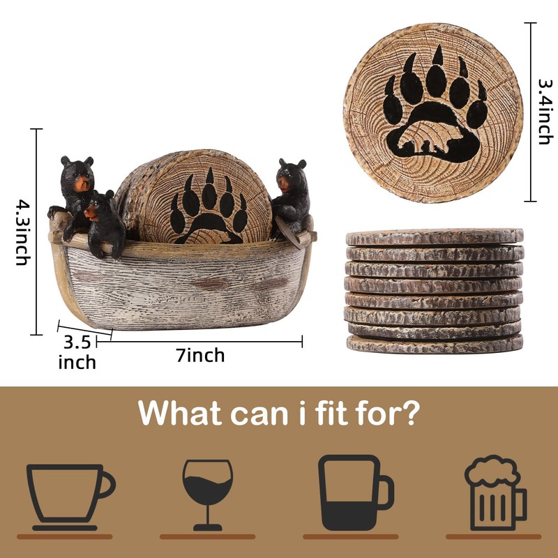 Bear Coasters - 8 Full Size Rustic Coasters for Log