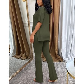acelyn Womens 2 Piece Outfits Basic V Neck Oversized Tops Shirt Flared Pants Tracksuits Resort Wear Matching Clothing Sets Army Green