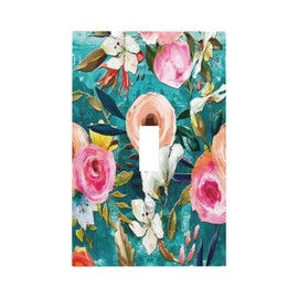 Boho Vintage Peonies Floral Emerald/Pink Watercolor Flowers Single Toggle Artistic Light Switch Covers Decorative 1 Gang Wall Plate Cover Electrical Device Switchplate Faceplate for Nursery Girls Room