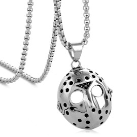 BLEUM CADE Unisex Stainless Steel Mini Jason's Mask Hollow Openwork Pendant Necklace, 24 inch Link Chain, Metal