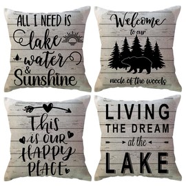 Lake Camper Throw Pillow Covers 18 x 18 Inch This is Our Happy Place Quote Cushion Covers Bear Woods Sunshine Camping/Cabin Farmhouse Rustic Decorative Pillowcases 4Pack for Sofa Couch Porch