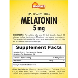 Melatonina de disolución rápida de 5 mg | 60 tabletas | Sabor natural de bayas | Suplemento vegetariano, sin OMG y sin gluten | por Sundance