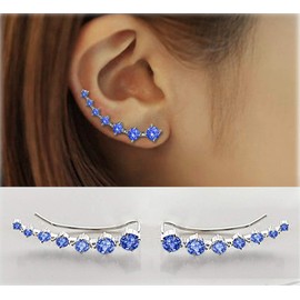 7 Crystals Ear Cuffs Hoop Climber S925 Sterling Silver Earrings Hypoallergenic Earring (Blue)