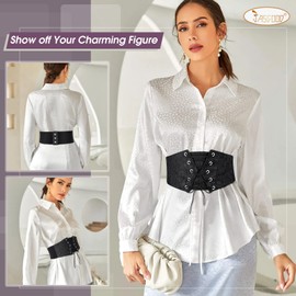 JasGood Women's Elastic Wide Waist Belt Lace-up Tied Waspie Corset Belt for Dress, A-Black