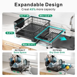 GSlife Expandable Dish Drying Rack with Drainboard - Multifunctional 2-in-1 Dish Racks for Kitchen Counter and Sink, Large Sink Dish Drainer with 2 Pan Slots and Utensil Holder, Black