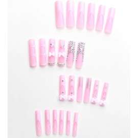 Aegenacess Press on Nails Square - Extra Long Fake Nails with 3D Rhinestones and Bows, Pink French Tips Cute False Nail, Stick On Nails for Women, 12 Sizes - 24 Nail Kit, Candy Ballet