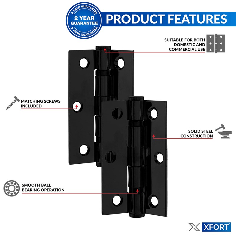 XFORT 3 Inch (75mm) Matt Black Ball Bearing Hinges, Steel