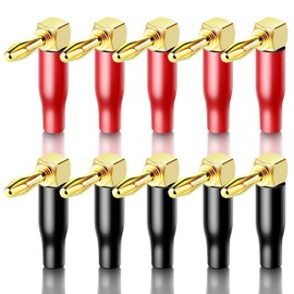 KUYIOHIFI 24K Gold Plated 90 Degree Banana Plugs，Dual Screw Locking Right Angle Banana/Speaker connectors(5 Pairs/10 Pcs)