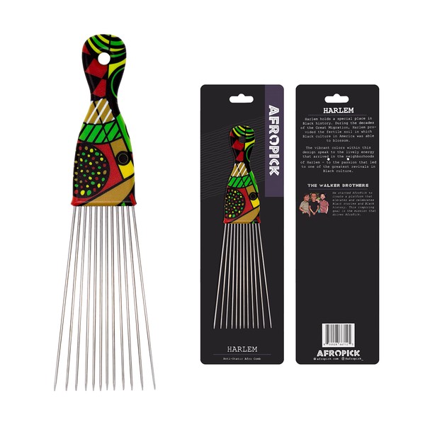 Afropick Metal Black Hair Pick for Natural Curly Long Thick Hair- Afro Pick Comb for Men, Women- African Artist Designs IMPROVED 2.0 (Harlem)