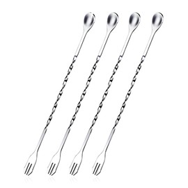 ZOKJSW Cocktail Spoons, Bar Spoons, Stainless Steel, Cocktail Mixing Spoon, Fork, Long Spiral Pattern, Cocktail Mixing Spoon, Set of 4
